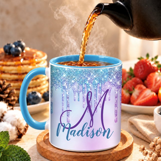 Söt akva lila enhörning glitterdroppar monogram mugg (Skapare uppladdad)
