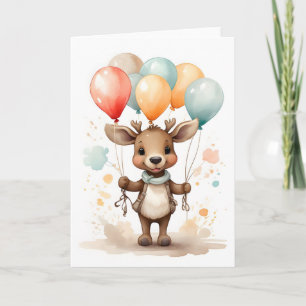 Söt akvarell Älg Gula Gröna Ballonger Tom Kort