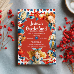 Söt akvarell Alice i ONEDERLAND 1-årsfest Inbjudningar