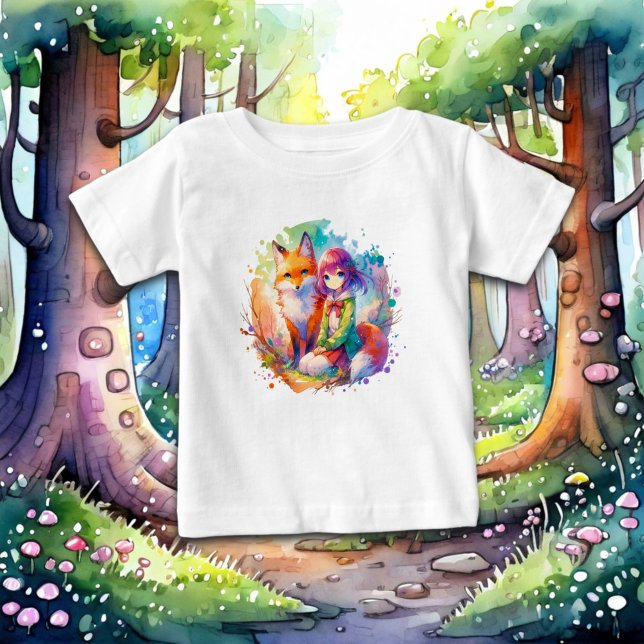 Söt akvarell anime flicka och räv t shirt (Skapare uppladdad)