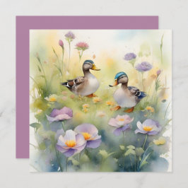 Söt akvarell anka och vilda blommor tom  julkort