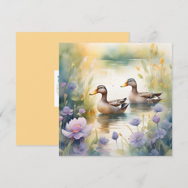 Söt akvarell anka och vilda blommor tom  julkort (Fram/baksida)