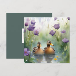 Söt akvarell anka och vilda blommor tom  kort