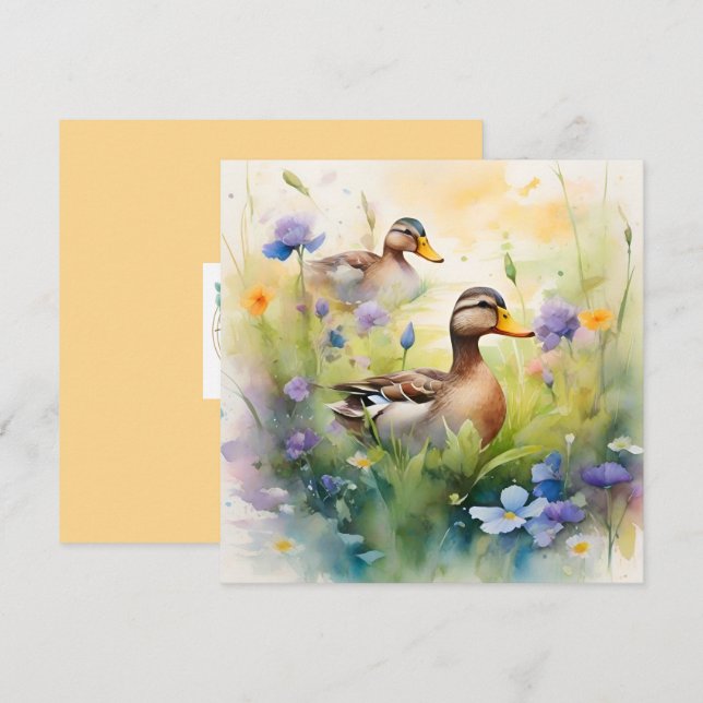 Söt akvarell anka och vilda blommor tom  kort (Fram/baksida)