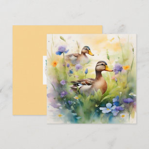 Söt akvarell anka och vilda blommor tom kort