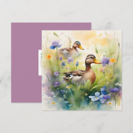Söt akvarell anka och vilda blommor tomt  kort