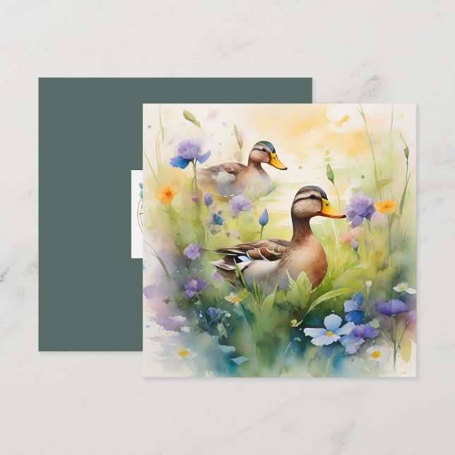 Söt akvarell anka och vilda blommor tomt kort (Fram/baksida)