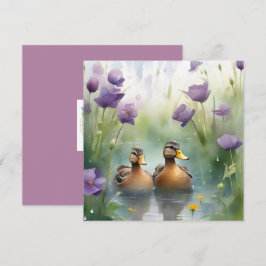 Söt akvarell anka och vilda blommor tomt  kort