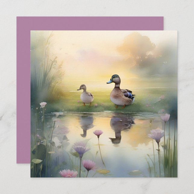 Söt akvarell ankreflektion tom  julkort (Fram/baksida)