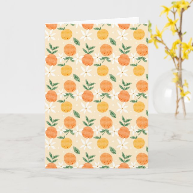 Söt akvarell apelsinfrukt sömlöst mönster kort (Gul blomma)