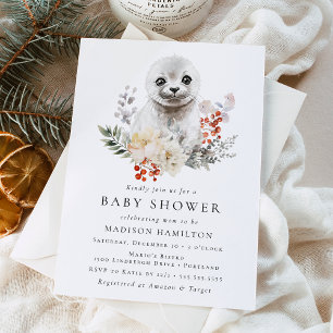 Söt akvarell Arktisk säl Vinter Bebis Shower Inbjudningar