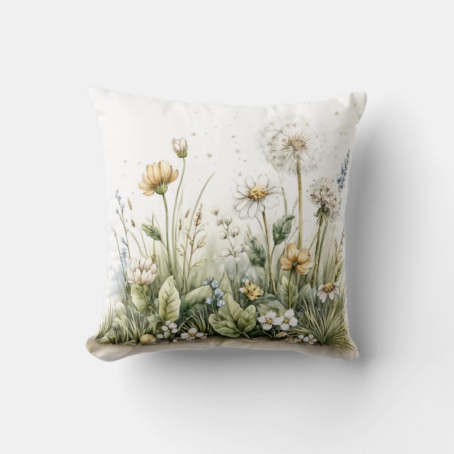Söt akvarell av vilda blommor och gräs  kudde (Framsida)