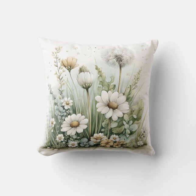 Söt akvarell av vilda blommor och gräs  kudde (Framsida)