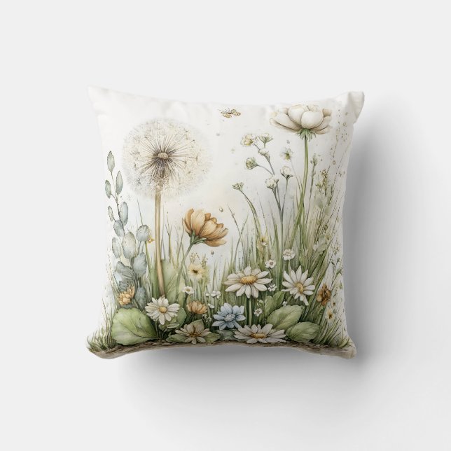 Söt akvarell av vilda blommor och gräs  kudde (Framsida)