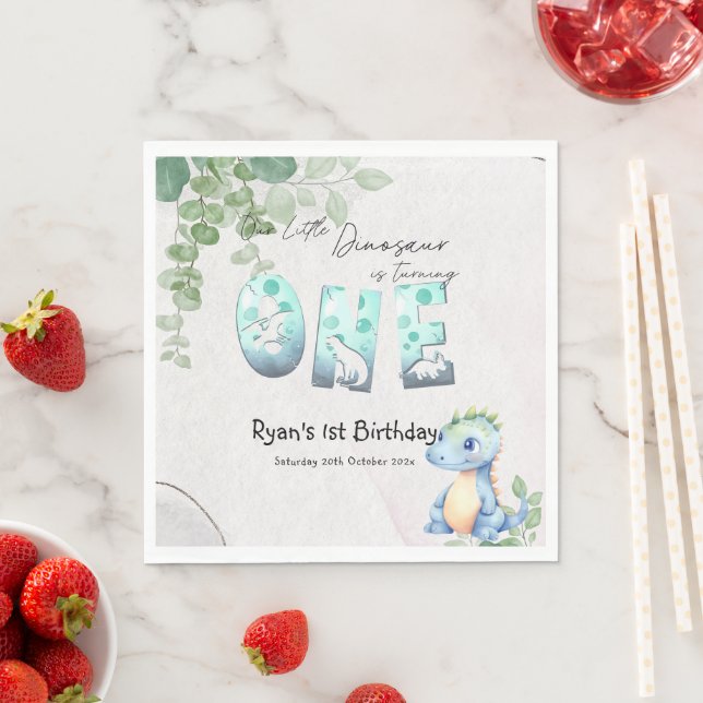 Söt akvarell-baby-dinosaurie 1-årsdag pappersservett (Insitu)