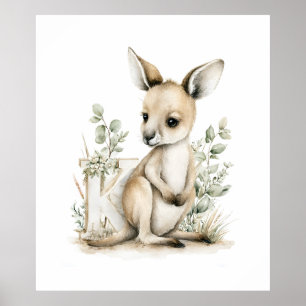 Söt akvarell baby djur alfabet Känguru Poster