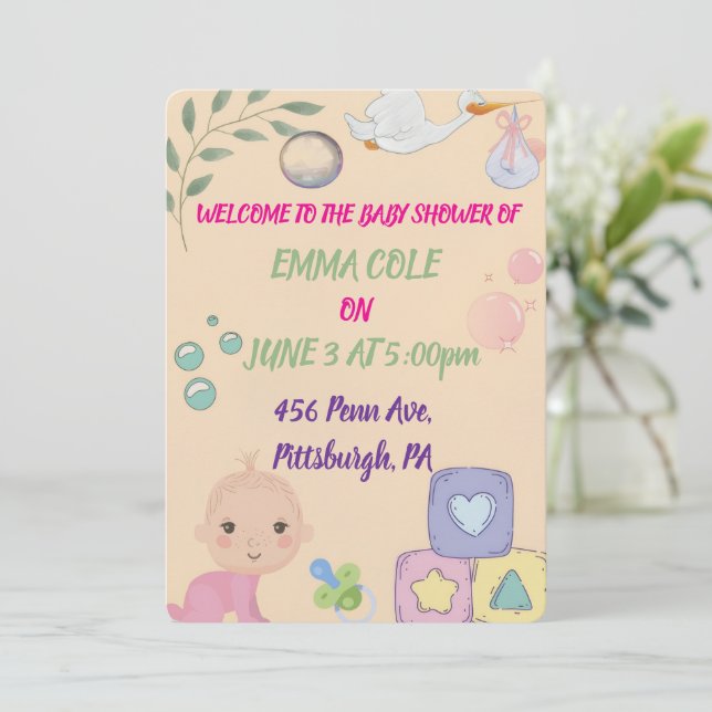 Söt akvarell baby shower inbjudan för flicka (Stående Fram)