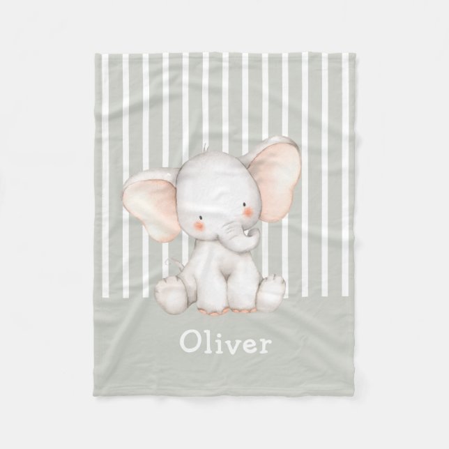 Söt akvarell Bebis Elefant Barnets Namn Fleecefilt (Framsidan)