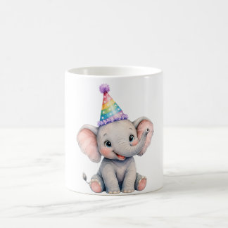 Söt akvarell Bebis Elefant Födelsedagsfest Hatt A Kaffemugg