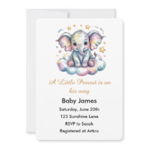 Söt akvarell Bebis Elefant Pojke Baby Shower Inbju