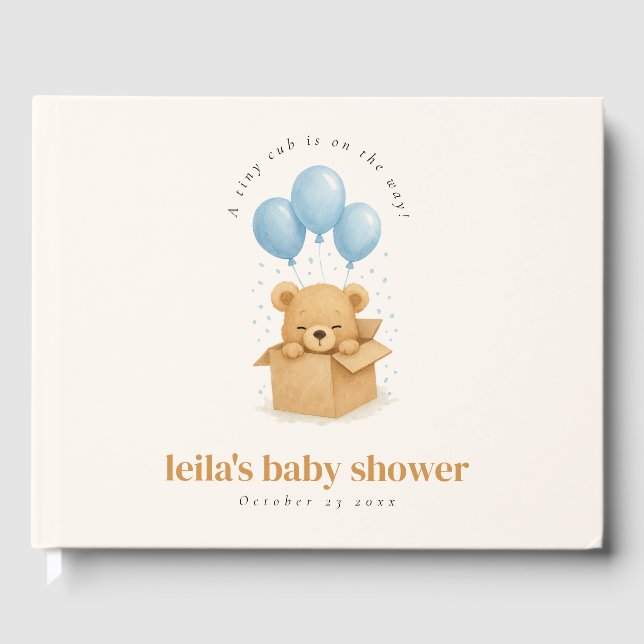 Söt akvarell blå ballong björn baby shower gästböcker (Framsida)