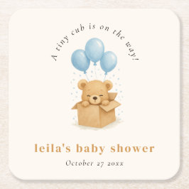 Söt akvarell blå ballong björn pojke baby shower underlägg papper kvadrat