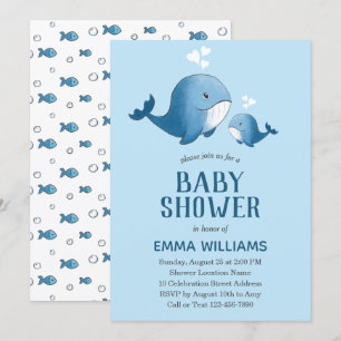 Söt akvarell blå val Pojke baby shower Inbjudningar