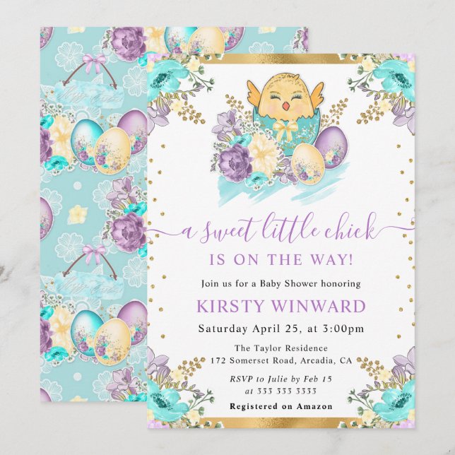 Söt akvarell blommande påsk kyckling baby shower inbjudningar (Fram/baksida)