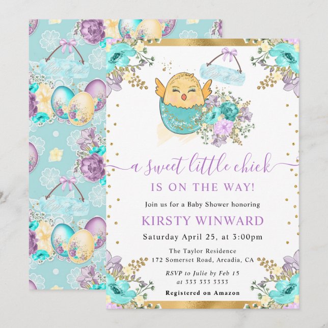 Söt akvarell blommande påskkyckling baby shower inbjudningar (Fram/baksida)