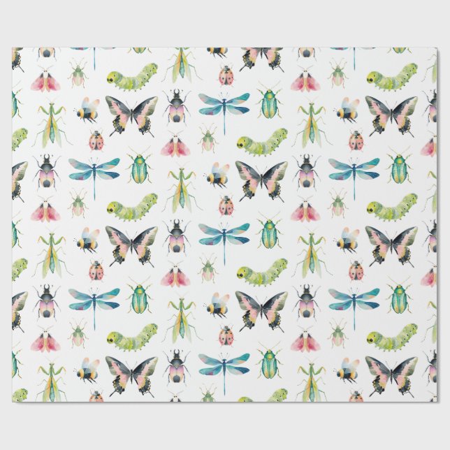 Söt akvarell Bugs & Insekter Flickas födelsedag Presentpapper (Platt)