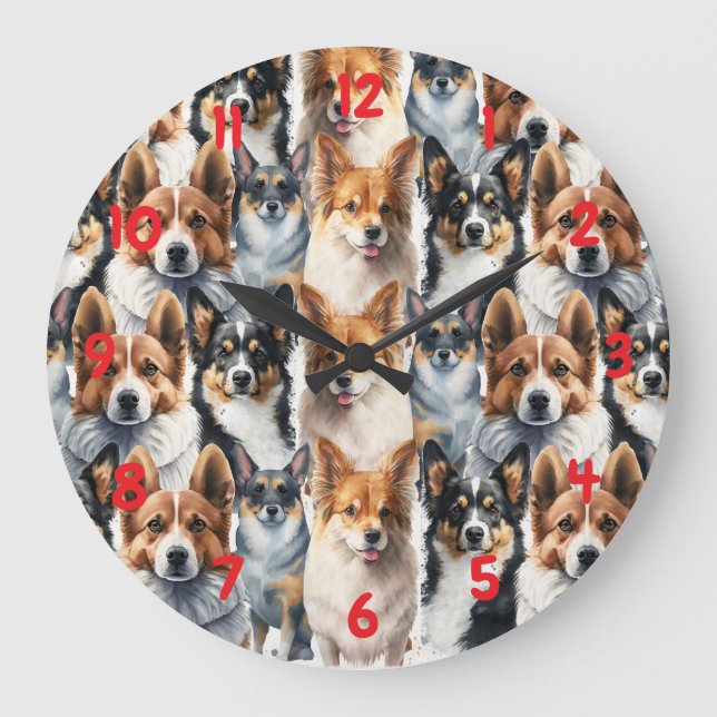 Söt akvarell Corgi Hund Mönster Stor Klocka (Framsida)