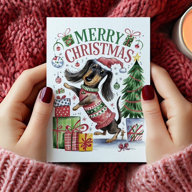 Söt akvarell dachshund julkort helgkort (Cute Watercolor Dachshund Christmas Card)