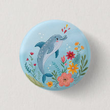 Söt akvarell delfin & vildblomsterträdgård