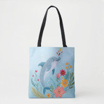 Söt akvarell delfin & vildblomsterträdgård