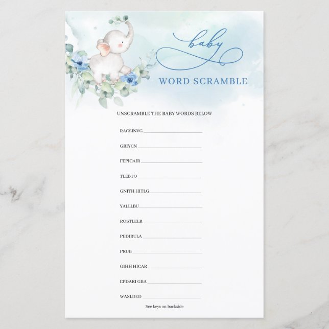 Söt akvarell elefant blå Baby Word Scramble (Framsida)