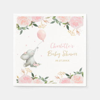Söt akvarell elefant blommande flicka baby shower pappersservett