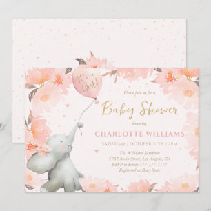 Söt akvarell elefant blomster flicka baby shower inbjudningar