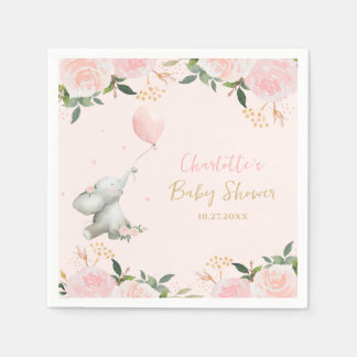 Söt akvarell elefant blomster flicka baby shower pappersservett