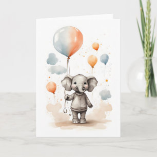 Söt akvarell elefant röda blå ballonger tom kort