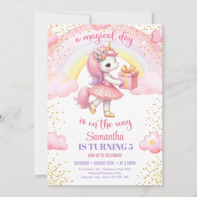 Söt akvarell enhörning med tutu klänning födelseda inbjudningar (Framsida)