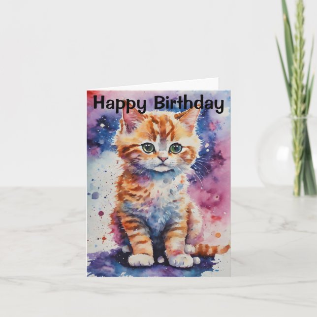 Söt akvarell Ginger Kattunge Födelsedag Kort (Framsida)