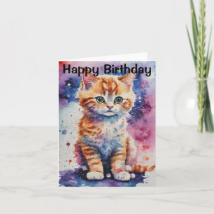 Söt akvarell Ginger Kattunge Födelsedag Kort