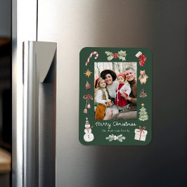 Söt akvarell God Jul grön familjefoto Magnet