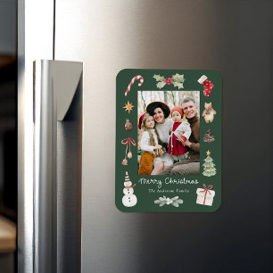 Söt akvarell God Jul grön familjefoto Magnet