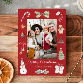 Söt akvarell God Jul röd familjefoto Julkort