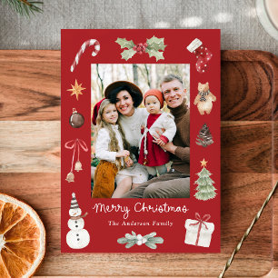 Söt akvarell God Jul röd familjefoto Julkort