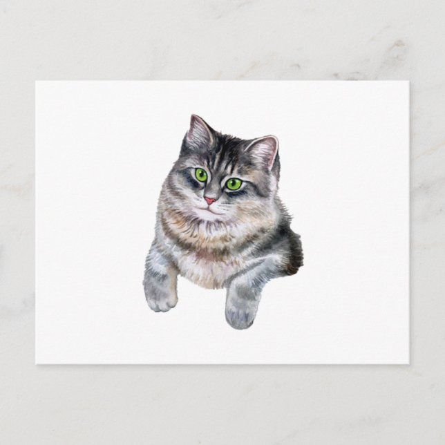 Söt akvarell grå randig katt  vykort (Framsida)