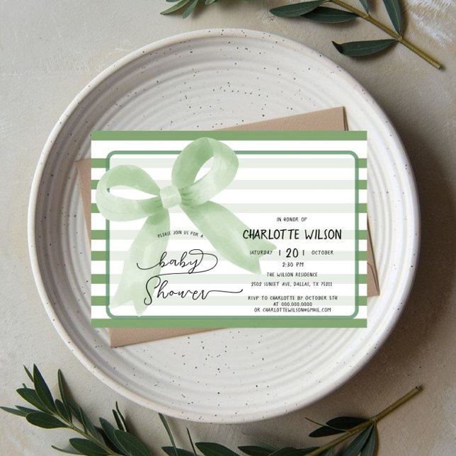 Söt akvarell grön rosett baby shower inbjudningar (Skapare uppladdad)