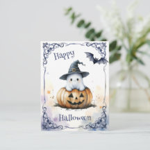 Söt akvarell Halloween-spöke på en Jack o' Lantare