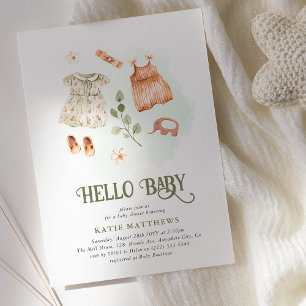 Söt akvarell Hej Baby Flicka Bebis Shower Inbjudningar